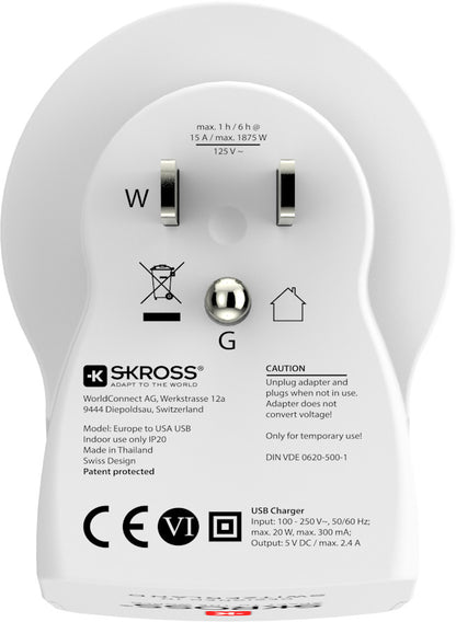 SKROSS Country Travel Adapter 1.500281 Europe to USA with USB