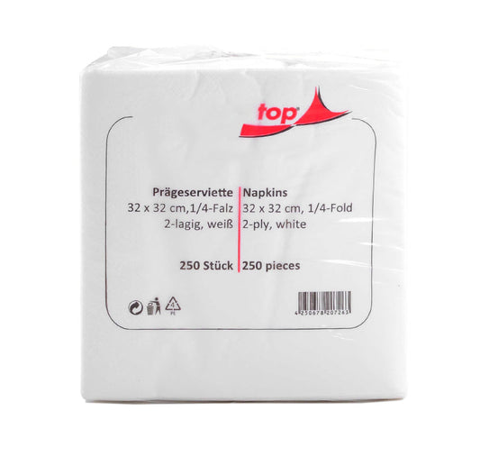 Guardanapos 32x32 cm, 2-camadas, celulose branca, 1/4-dobrado, 250 unidades