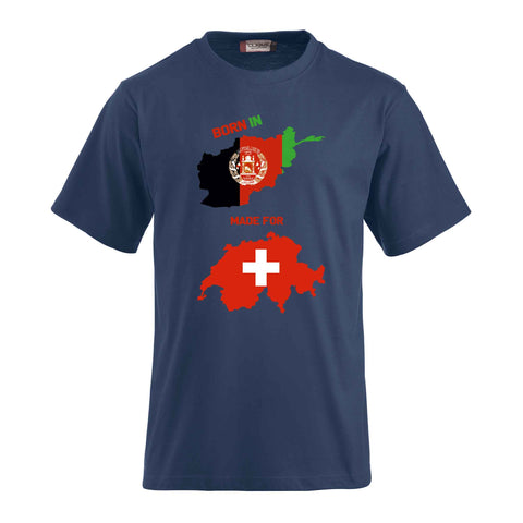 T-Shirt-Druck mit afghanischer und schweizerischer Flagge- Geboren in Afghanistan - gemacht für die Schweiz