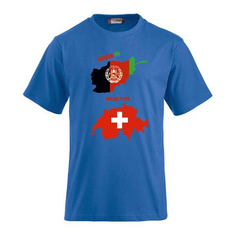 T-Shirt-Druck mit afghanischer und schweizerischer Flagge- Geboren in Afghanistan - gemacht für die Schweiz