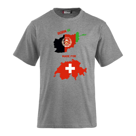 T-Shirt-Druck mit afghanischer und schweizerischer Flagge- Geboren in Afghanistan - gemacht für die Schweiz