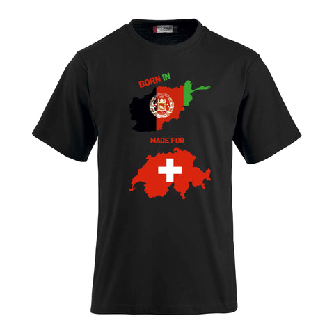 T-Shirt-Druck mit afghanischer und schweizerischer Flagge- Geboren in Afghanistan - gemacht für die Schweiz