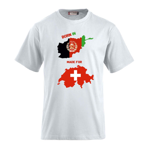 T-Shirt-Druck mit afghanischer und schweizerischer Flagge- Geboren in Afghanistan - gemacht für die Schweiz