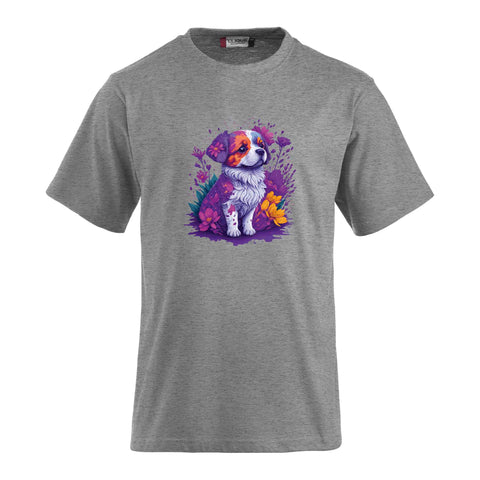 T-Shirt inklusive bedrucktem Motiv eines süssen Hundes in Blumen. Ein individueller Wunschtext kann hinzugefügt werden.