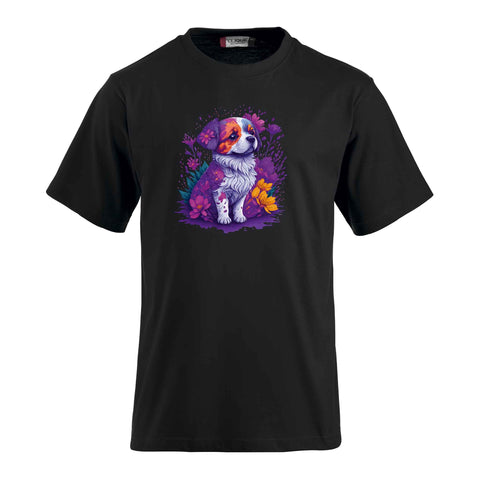 T-Shirt inklusive bedrucktem Motiv eines süssen Hundes in Blumen. Ein individueller Wunschtext kann hinzugefügt werden.