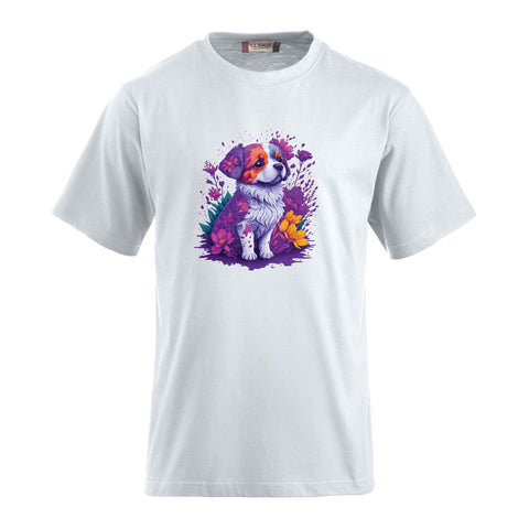 T-Shirt inklusive bedrucktem Motiv eines süssen Hundes in Blumen. Ein individueller Wunschtext kann hinzugefügt werden.