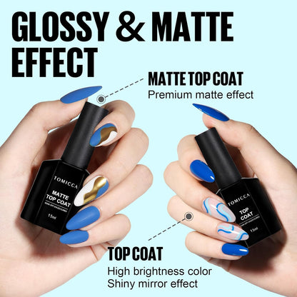 TOMICCA Base und Top Coat Gel UV Nagellack Set, 3 x 15ml Base Coat Top Coat Gel UV, Enthält Matte Top Coat, No Wipe, für alle UV Gel Nagellacke