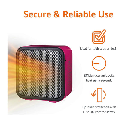 Keramik Raumheizung, Mini Heizung für Büro Schreibtisch, Tragbare Zeltheizung für Camping (Innenbereich), 500W, mit Kippschutz, Leicht (0.6 kg), Pink, 15.0 x 8.1 x 15.2 cm