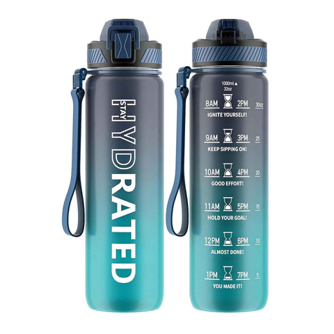 Trinkflasche, 1L BPA-Frei Tritan Wasserflasche mit Strohhalm, Trinkflasche Sport Auslaufsicher mit Zeitmarkierung und Bürste, Sportflasche für Fitness, Schule, Yoga, Outdoor(1 Flasche)
