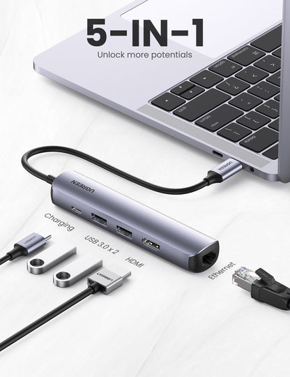 UGREEN USB-C Hub 5in1, Silver (BB) 10919 HDMI,RJ45,2xUSB-A,USB-C PD