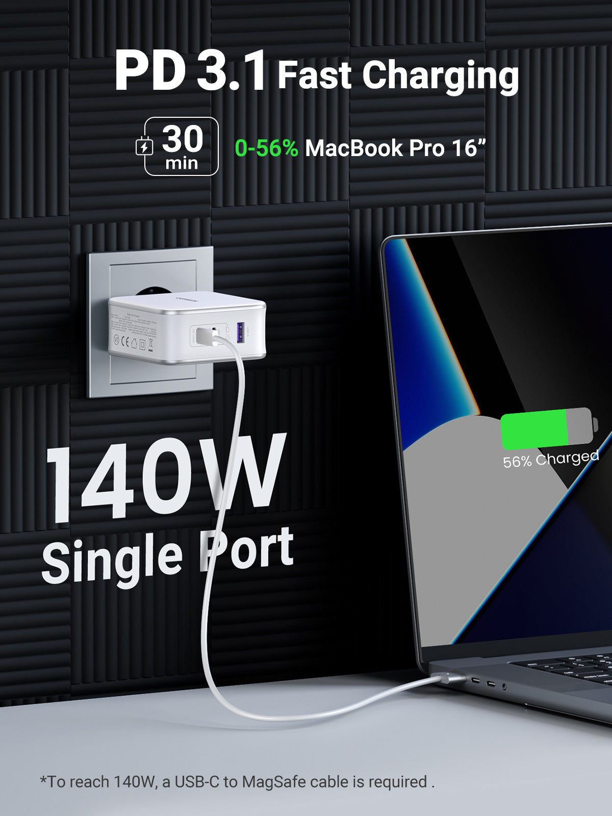 UGREEN USB Wallcharger Nexode 140W 15339 3-Port, GaN,1.5M Cable, Wh.