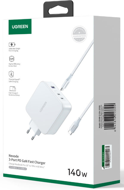 UGREEN USB Wallcharger Nexode 140W 15339 3-Port, GaN,1.5M Cable, Wh.