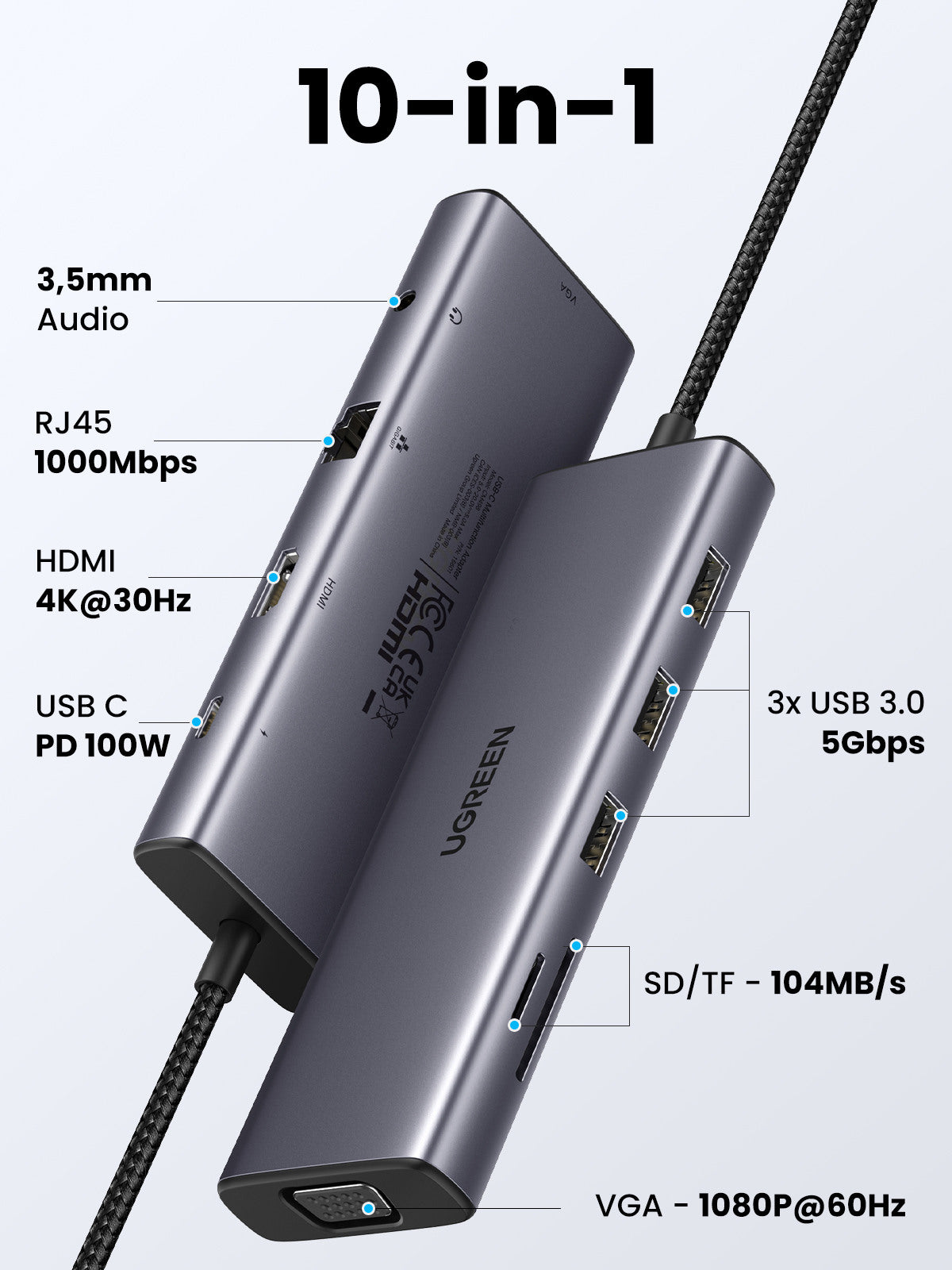 UGREEN USB-C to 3xUSB-A Hub 10in 1 15601 HDMI,VGA,RJ45,3.5mm,SD,TF,PD