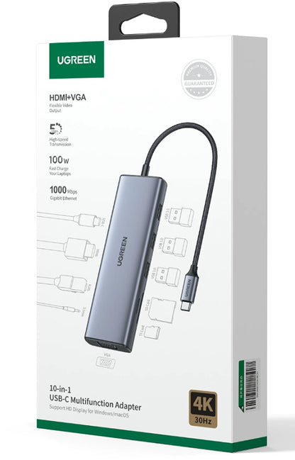 UGREEN USB-C to 3xUSB-A Hub 10in 1 15601 HDMI,VGA,RJ45,3.5mm,SD,TF,PD