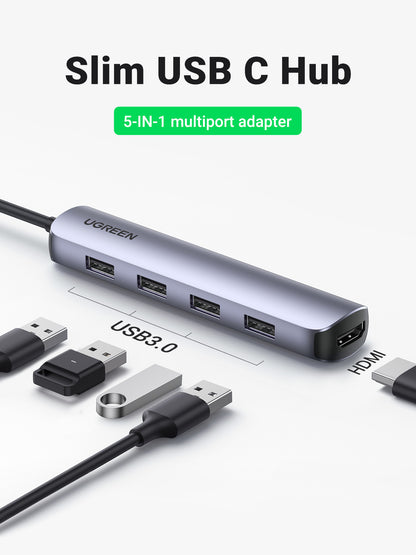 UGREEN USB-C Hub 5in1, Silver 20197 HDMI,4xUSB-A (BB)