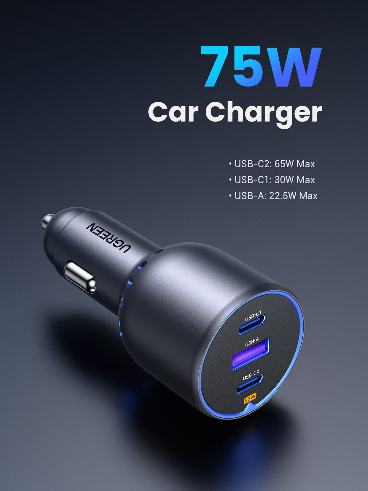 UGREEN Fast Car Charger 75W 3-Port 35024 2x USB-C, 1x USB-A