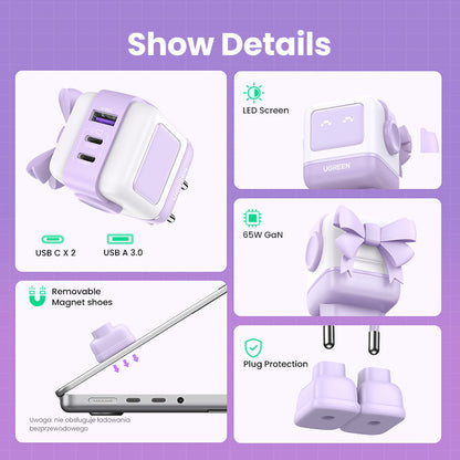 UGREEN Nexode RG 65W 3-Port GaN 35291 2x USB-C,1xUSB-A, Purple