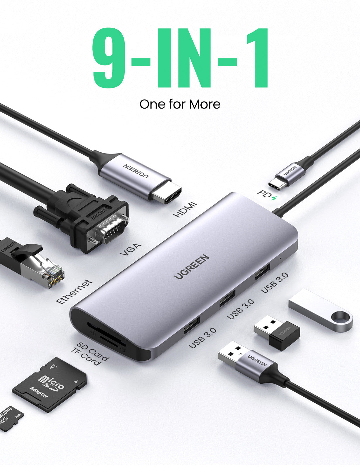 UGREEN USB-C Hub 9in1 HDMI ,VGA,RJ45 40873 SD TF,3xUSB-A,USB-C PD,silver