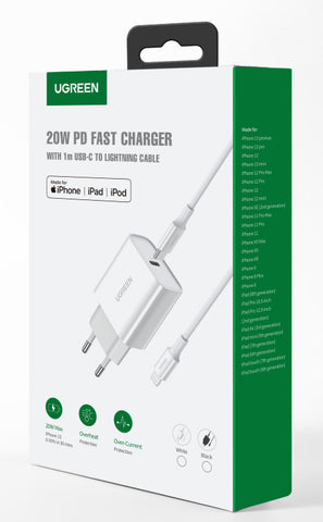 UGREEN USB-C Charger 20W 50698 PD, C-L 1M Cable, White