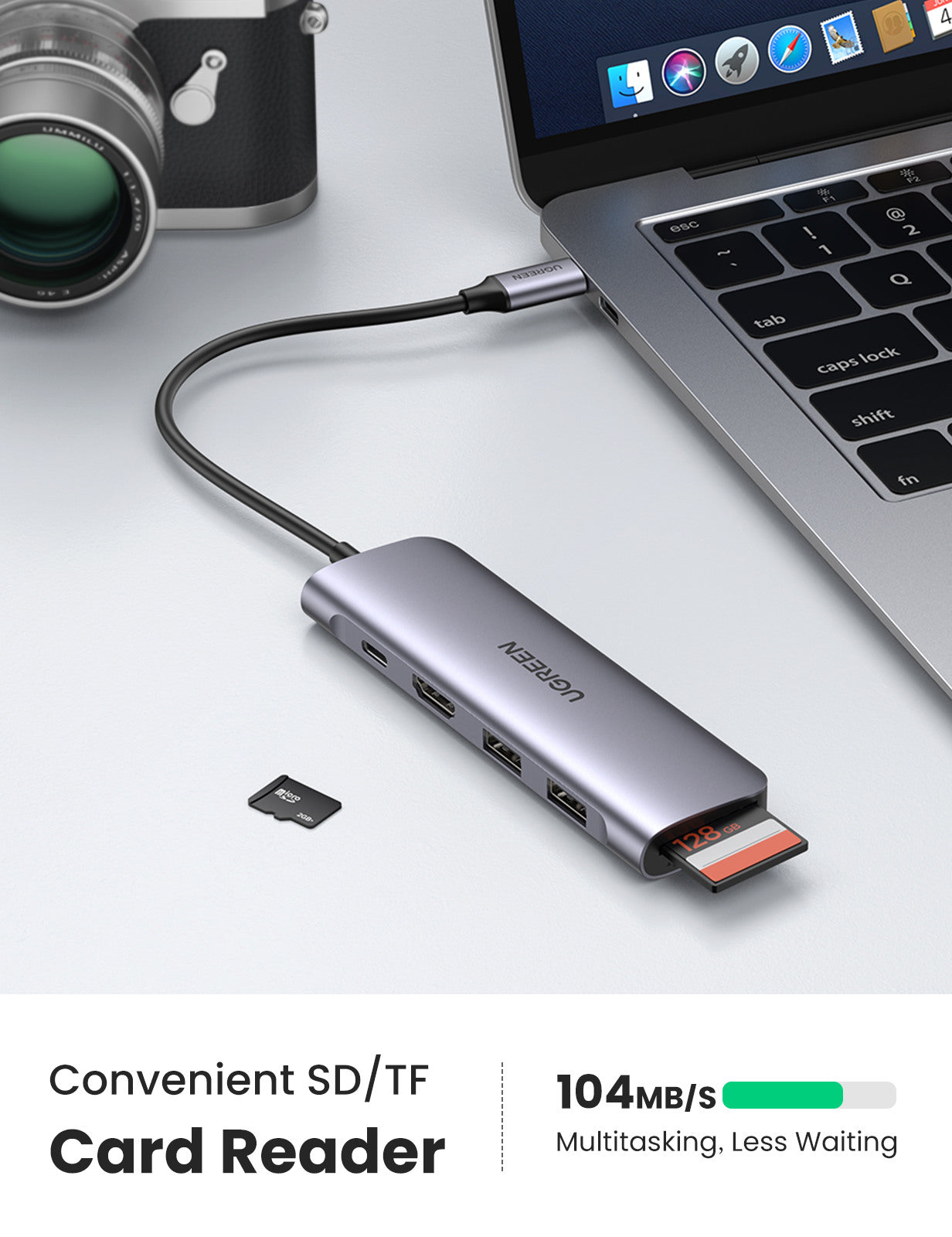 UGREEN USB-C Hub 6in1, Silver 70411 HDMI,2xUSB-A,SD TF,USB-C PD