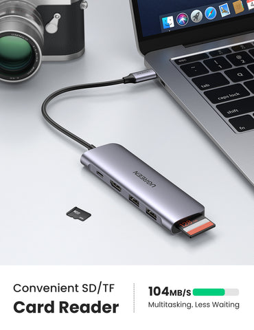 UGREEN USB-C Hub 6in1, Silver 70411 HDMI,2xUSB-A,SD TF,USB-C PD