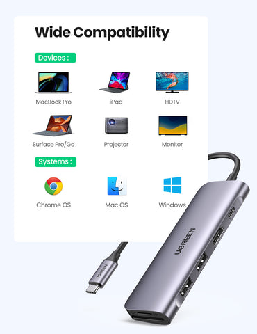 UGREEN USB-C Hub 6in1, Silver 70411 HDMI,2xUSB-A,SD TF,USB-C PD