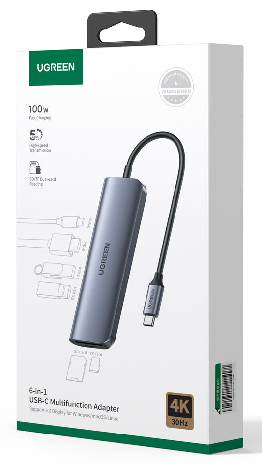 UGREEN USB-C Hub 6in1, Silver 70411 HDMI,2xUSB-A,SD TF,USB-C PD