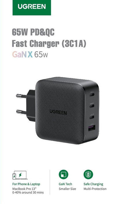 UGREEN USB Wall Charger 65W 4-Port 70774 PD GaN 3xUSB-C,1xUSB-A,Black