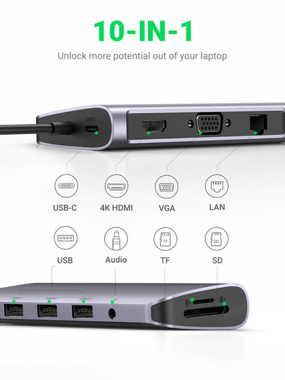 UGREEN USB-C Hub 10in1 HDMI,VGA,RJ45 80133 3.5mm,SD TF,3xUSB-A, USB-C PD