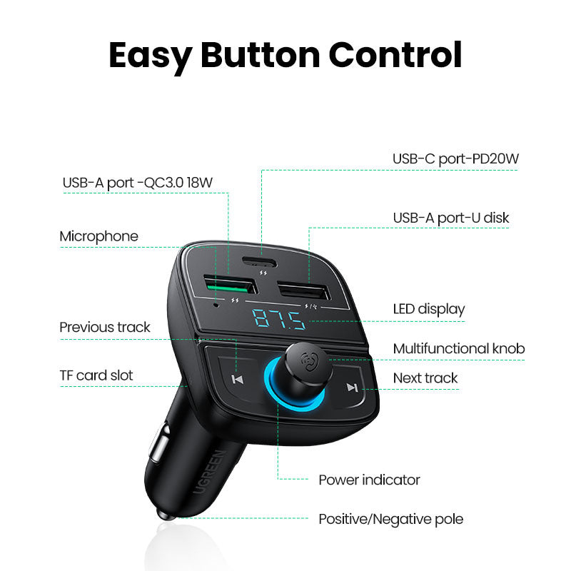 UGREEN BT 5.0 FM Transmitter 80910 20WPD Charger 3-Port