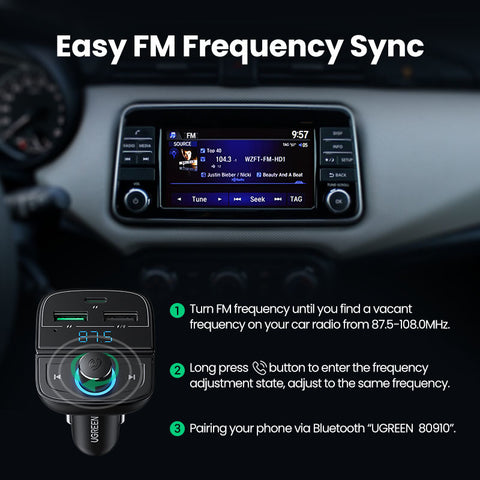 UGREEN BT 5.0 FM Transmitter 80910 20WPD Charger 3-Port