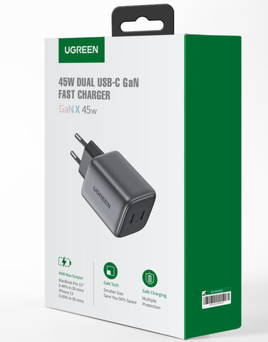 UGREEN USB C Wallcharger Nexode 90573 Dual,45W,PD GaN, Black