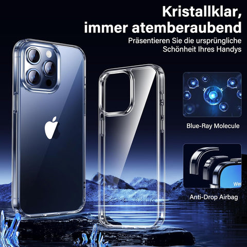 UniqueMe 5-in-1-Set für iPhone 15 Pro Max Hülle, [Nie Vergilbung] Handyhülle für iPhone 15 Pro Max Case Rundumschutz Schutzhülle Cover [1 Handyhülle+2 Schutzfolie+2 Kameraschutz] Transparent