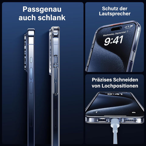 UniqueMe 5-in-1-Set für iPhone 15 Pro Max Hülle, [Nie Vergilbung] Handyhülle für iPhone 15 Pro Max Case Rundumschutz Schutzhülle Cover [1 Handyhülle+2 Schutzfolie+2 Kameraschutz] Transparent