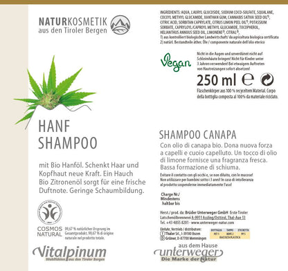 Unterweger Hanf Shampoo 235ml – Натуральна косметика з конопляною олією та лимонною олією для догляду за волоссям та чутливою шкірою голови