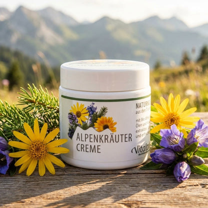 Crema de hierbas alpinas Unterweger – Cosmética natural con árnica y abeto para el cuidado de la tensión muscular y la fatiga.