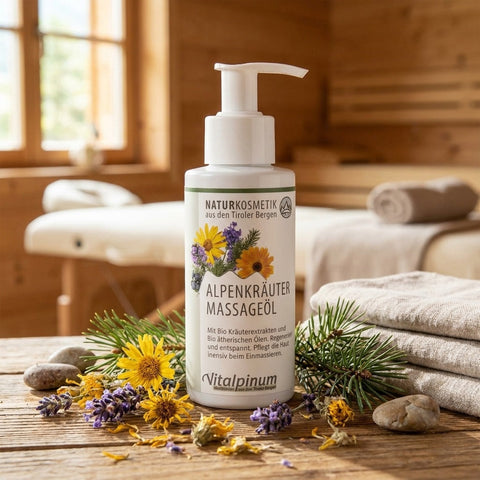 Alpenkräuter Massageolja Unterweger – Biokosmetik med Arnika, Gran & Enbär