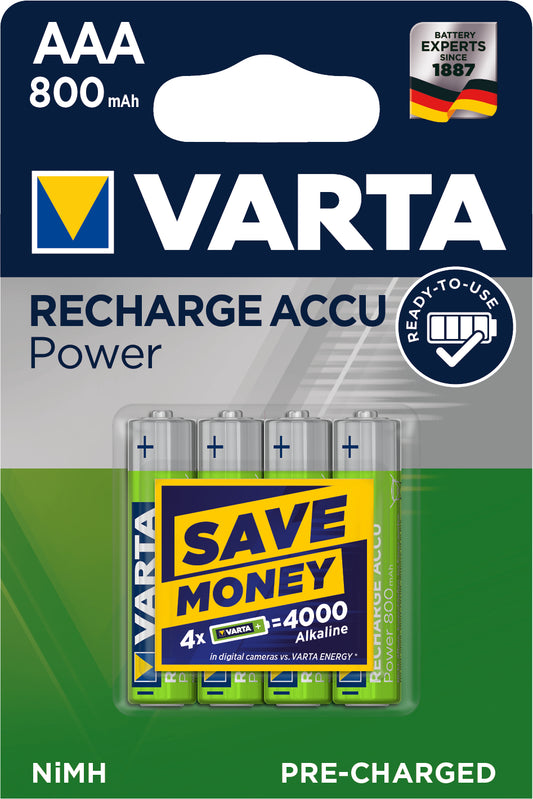 VARTA Batterie Akku 56703101404 AAA/HR03, 800 mAh, 4 Stück