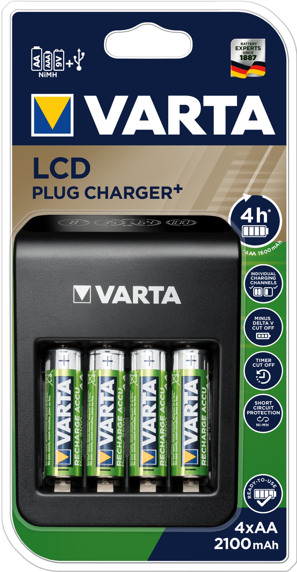 VARTA LCD Plug Charger 56706 57687101441 avec 4x AA, 2100mAh