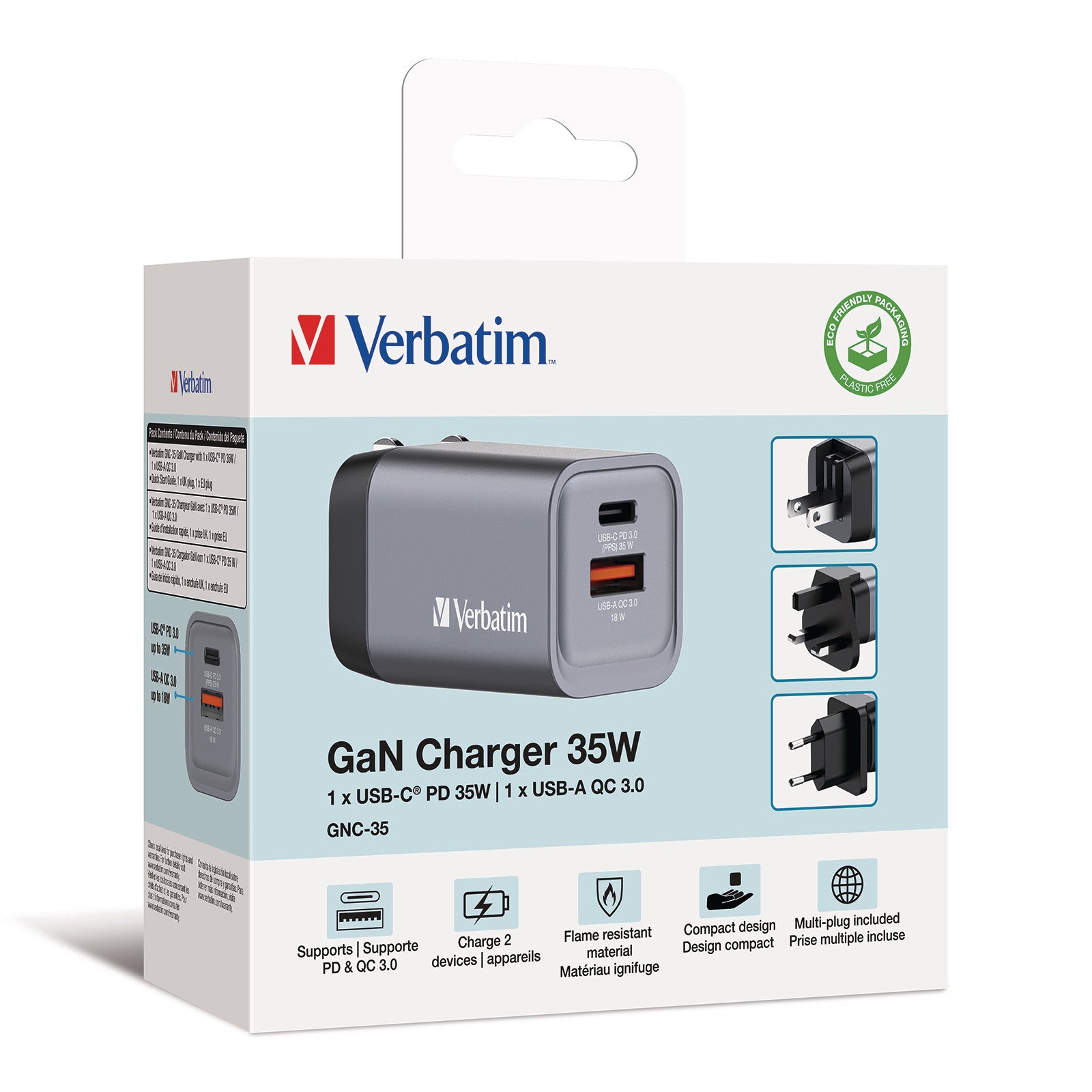 VERBATIM Charger 35W GaN grey 32200 1xUSB-C 1xUSB-A +Adapter UK/US