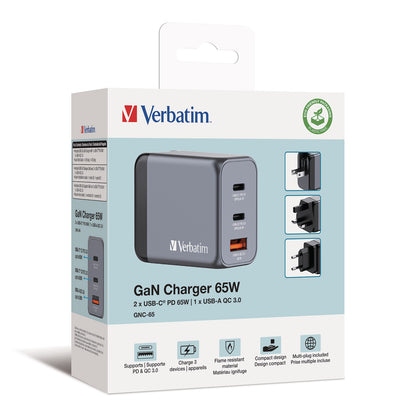 VERBATIM Charger 65W GaN grey 32201 2xUSB-C 1xUSB-A +Adapter UK/US