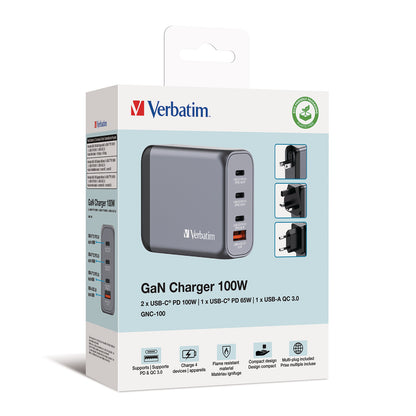 VERBATIM Charger 100W GaN grey 32202 3xUSB-C 1xUSB-A +Adapter UK/US