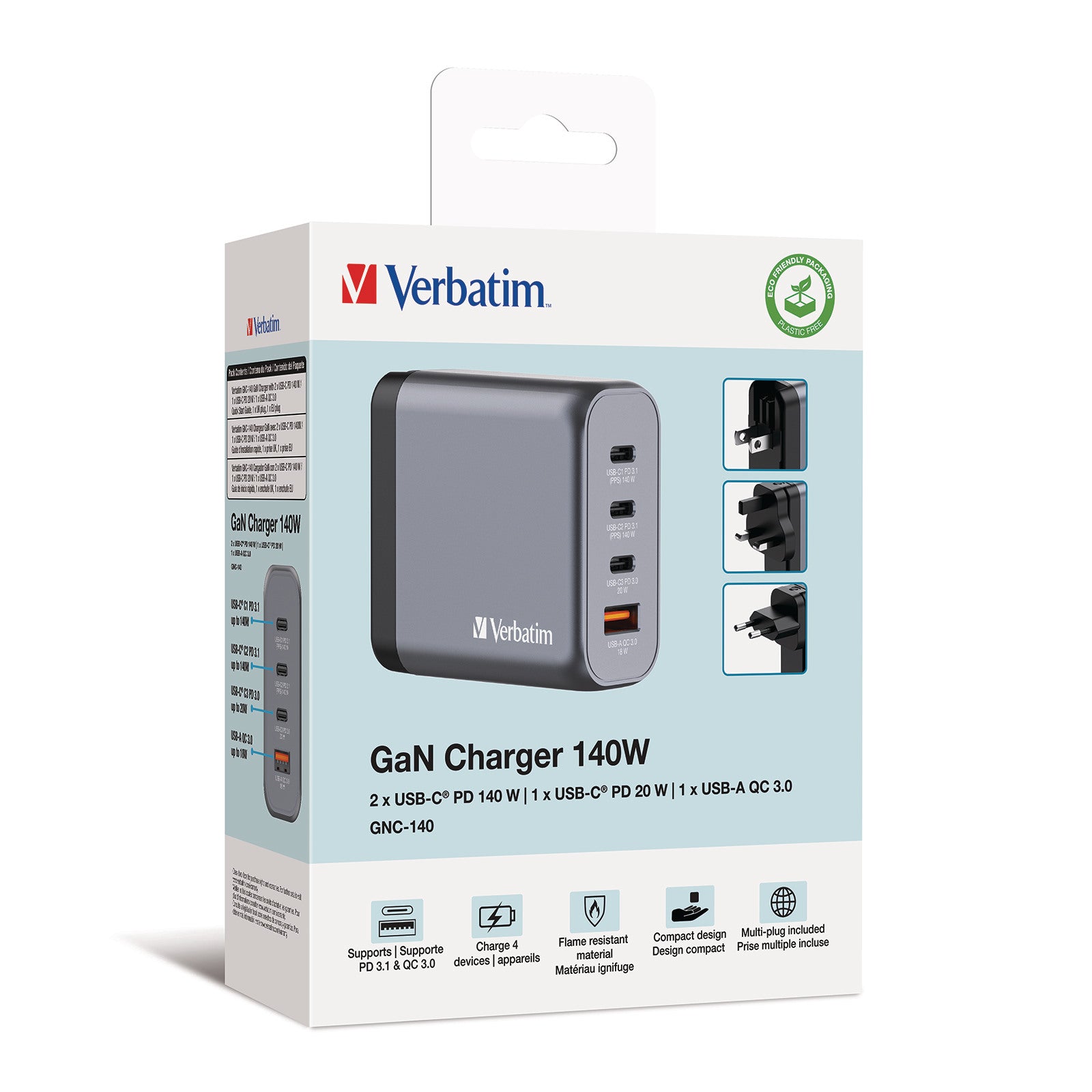 VERBATIM Charger 140W GaN grey 32203 3xUSB-C 1xUSB-A +Adapter UK/US