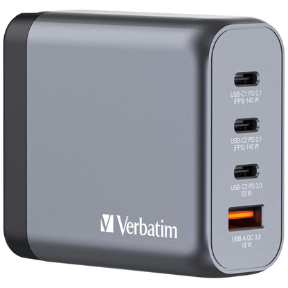 VERBATIM Charger 140W GaN grey 32203 3xUSB-C 1xUSB-A +Adapter UK/US