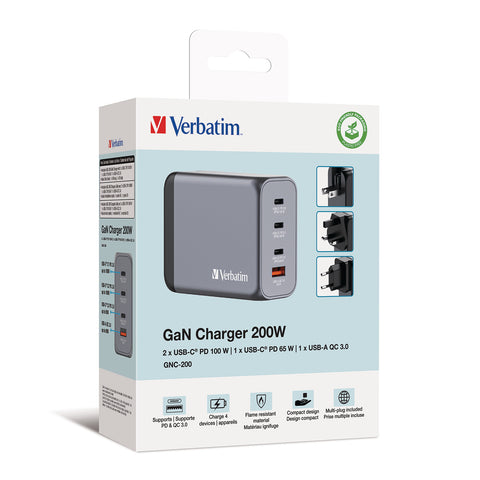 VERBATIM Charger 200W GaN grey 32204 3xUSB-C 1xUSB-A +Adapter UK/US