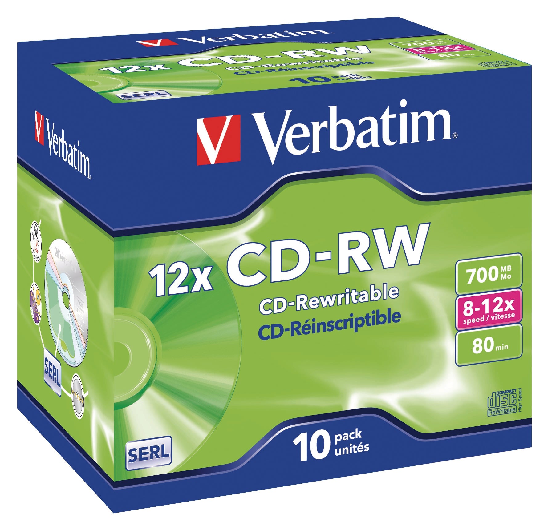 VERBATIM CD-RW Jewel 80MIN/700MB 43148 8-12x 10 Pcs