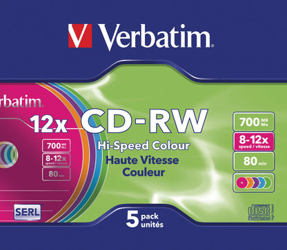 VERBATIM CD-RW Slim 80MIN/700MB 43167 8-10x color 5 Pcs