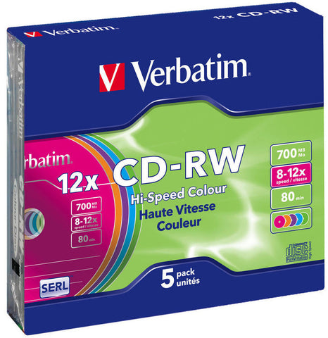 VERBATIM CD-RW Slim 80MIN/700MB 43167 8-10x color 5 Pcs