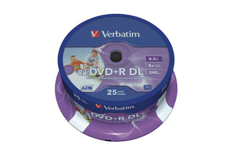 VERBATIM DVD+R Spindle 8.5GB 43667 8x DL Wide print. 25 Pcs