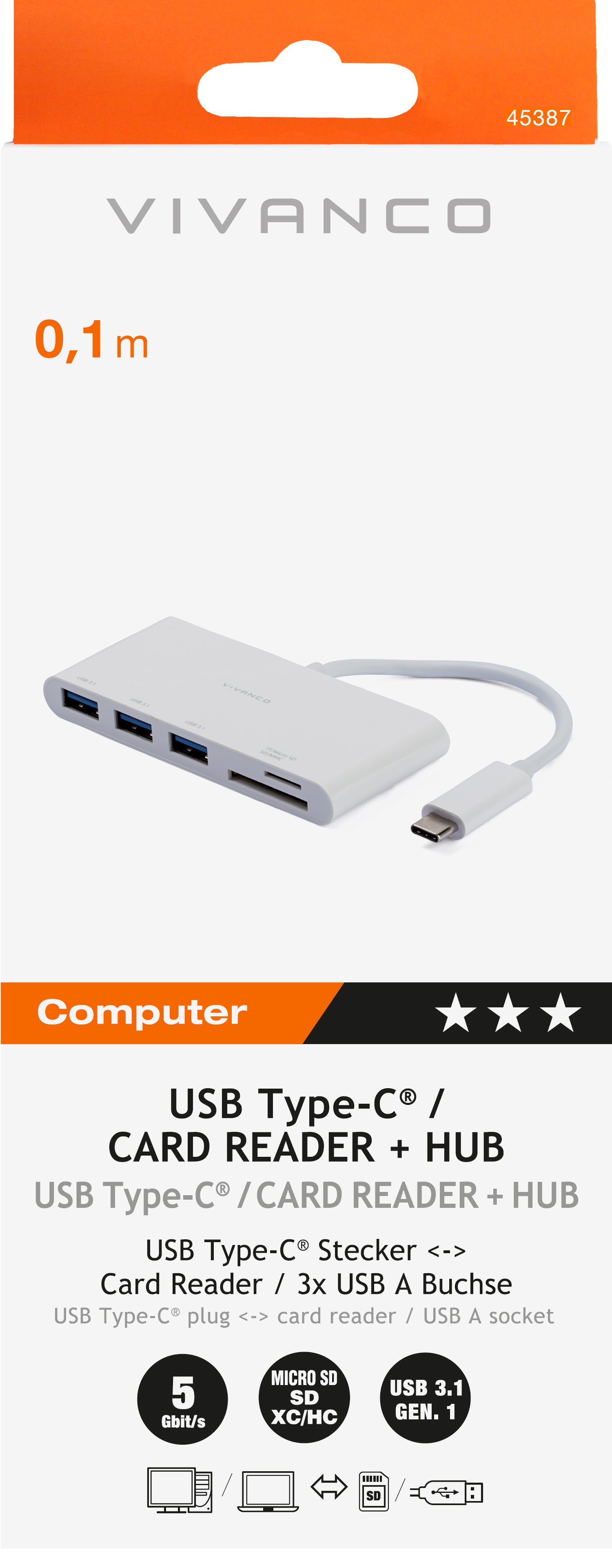 VIVANCO Hub USB-C - Reader, 3x USB 45387 Hub USB-C 3.1